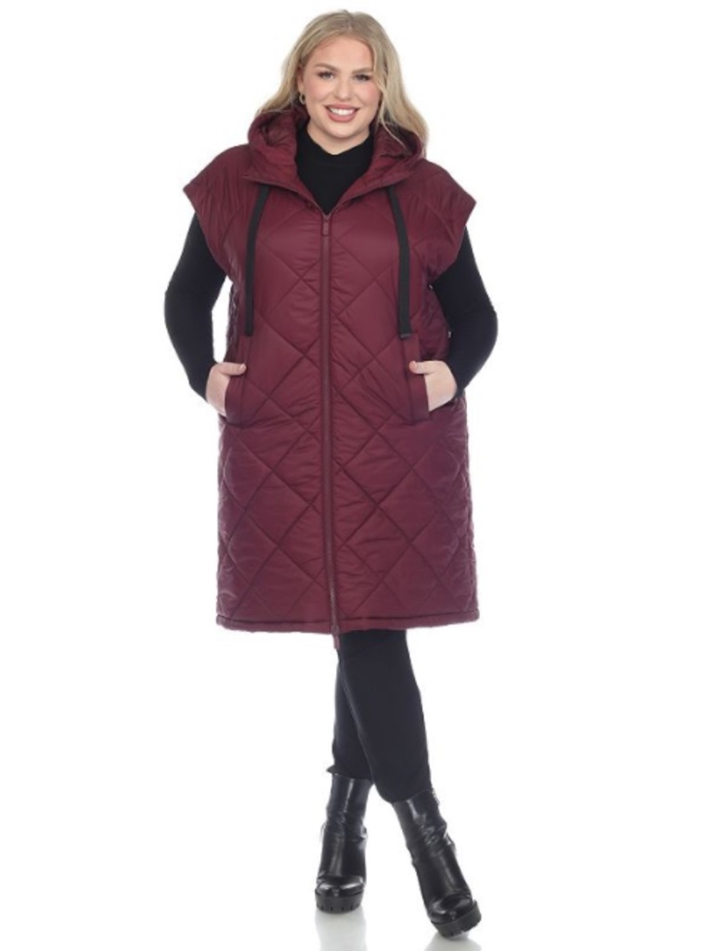 White Mark Plus Size 2X Diamond Quilted Hooded Puffer Vest Burgundy NWT